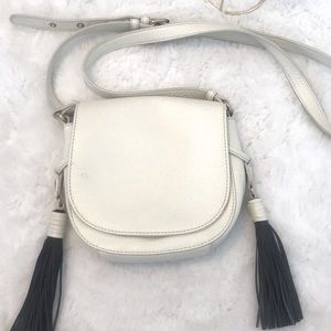 White Leather Crossbody Bag with Black Tassels - Women
